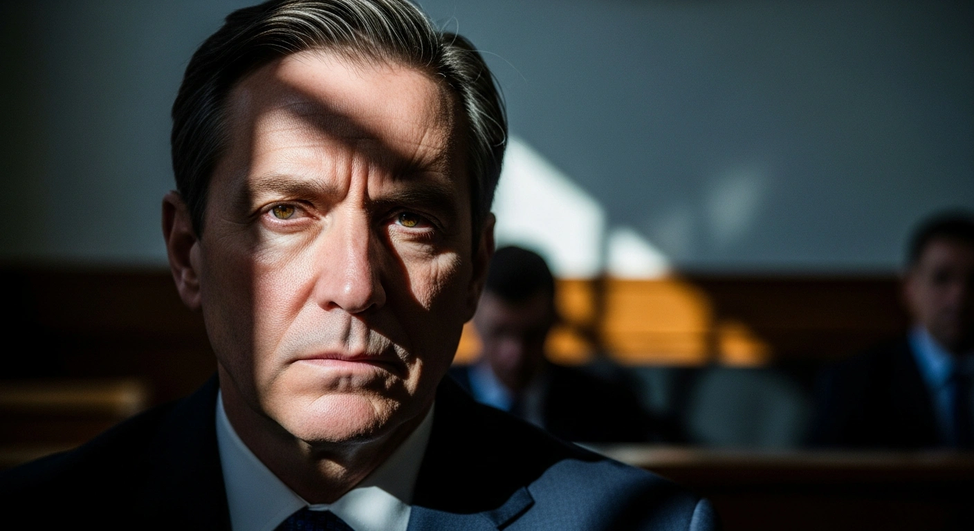 A dramatic, low-angle portrait of a distinguished former South Korean president, his face illuminated by stark lighting, symbolizing the gravity of his upcoming court ruling for obstruction of arrest related to a martial law declaration.