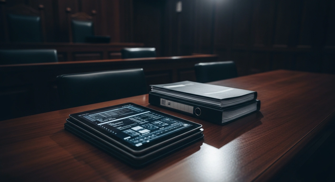 A courtroom scene in Malta features digital evidence and forensic files being examined during the trial of Yorgen Fenech for the murder of Daphne Caruana Galizia.