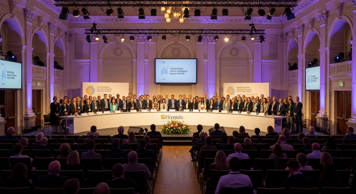 A diverse group of individuals stands in a semi-circular arrangement on a softly lit stage in a conference hall in Liverpool, symbolizing the newly formed 'Your Party's' decision to implement a collective leadership model in the United Kingdom, effectively bypassing a potential leadership contest between co-founders Jeremy Corbyn and Zarah Sultana.