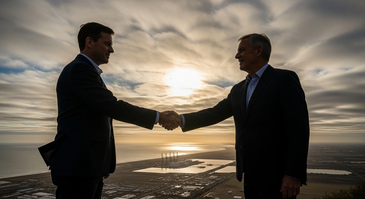 Two figures, representing YPF and the government of Río Negro province, shake hands on a high vantage point overlooking a developing coastal landscape with an LNG terminal, symbolizing their signed framework agreement for 30 years of fiscal and regulatory stability to attract investment and foster local development for the Argentina LNG project.