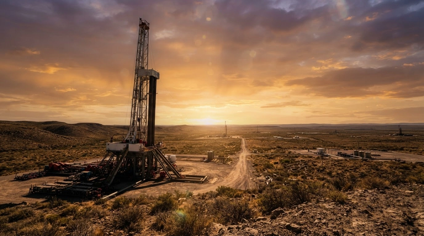 A modern oil drilling rig stands in the Vaca Muerta shale formation as YPF and the U.S. Export-Import Bank collaborate to expand energy infrastructure.