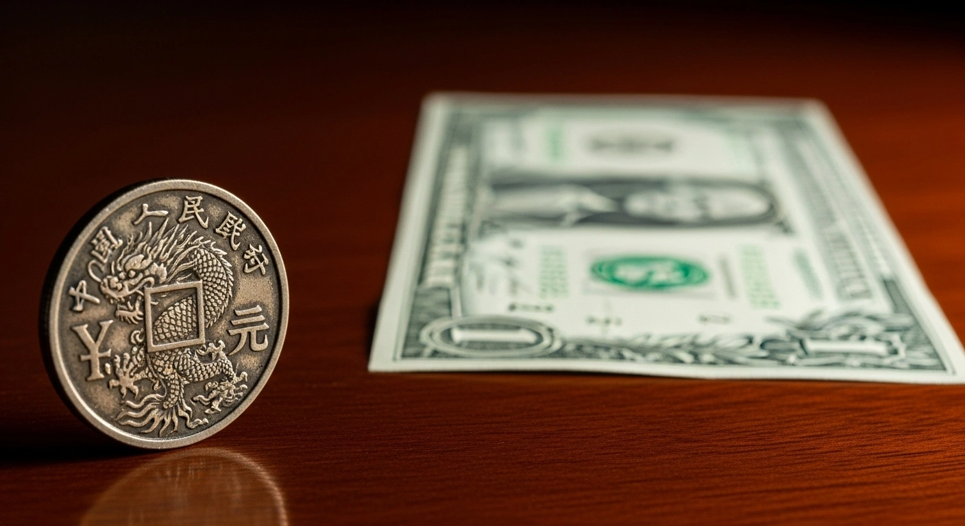 An antique Chinese yuan coin is depicted tilting precariously on a dark table, visually representing the renminbi's weakening against a stable U.S. dollar bill in the background, reflecting the central parity rate adjustment.