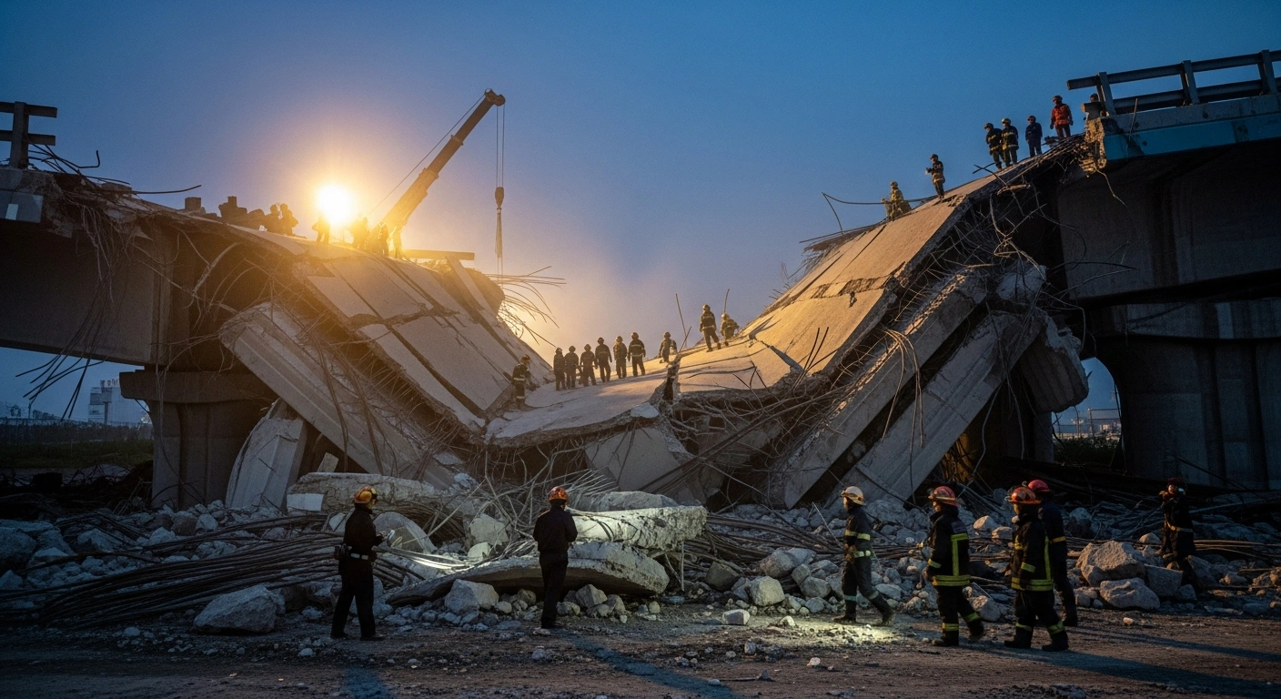 Emergency personnel conduct rescue operations amidst the collapsed section of the Yuegang Bridge in Yancheng City, Jiangsu province, eastern China, with searchlights illuminating the debris at dusk, following a tragic incident where two workers died and three are unaccounted for.