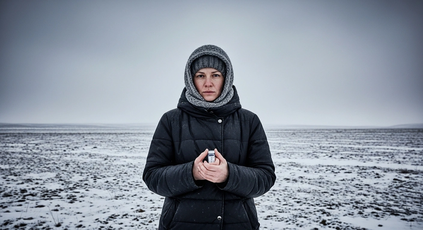 A somber Yulia Navalnaya stands in a desolate, snow-covered landscape, clutching a small, sealed container representing smuggled biological samples, symbolizing the alleged poisoning of Alexei Navalny in an Arctic penal colony.