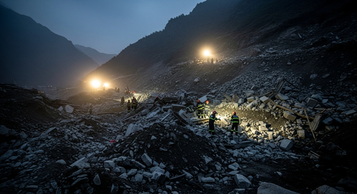 Emergency responders search through the debris of a collapsed illegal mining site in Huize County following a fatal accident.