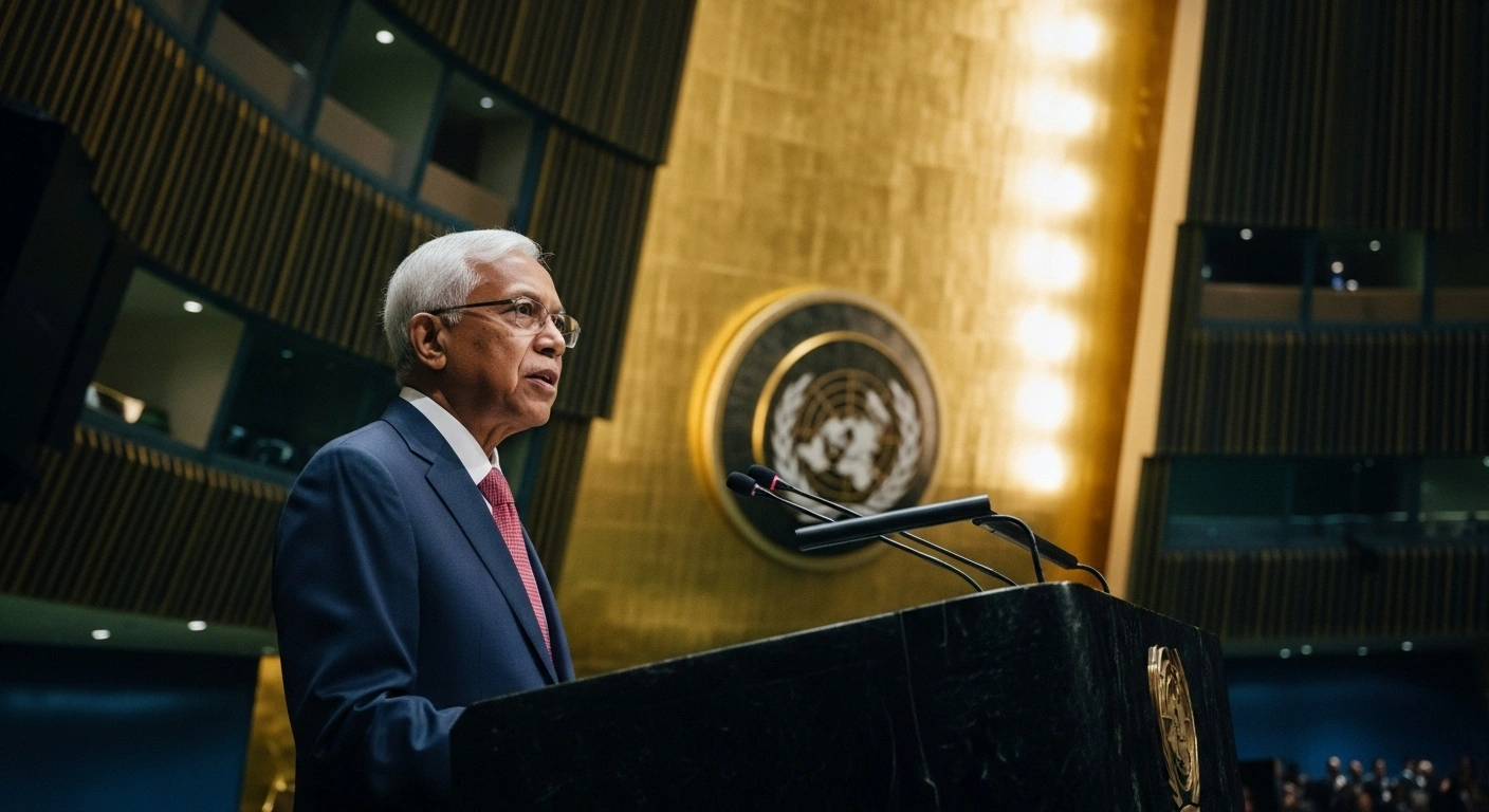 Bangladesh's Chief Adviser Professor Muhammad Yunus stands at a podium, addressing the 80th session of the UN General Assembly in New York, where he will discuss democratic reforms, the Rohingya crisis, climate justice, and global peace.