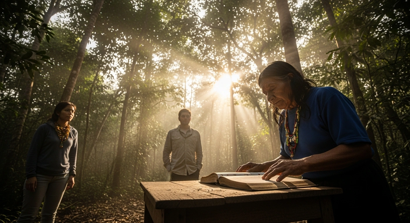 An elder Yuracaré community member gently touches a bound book on a weathered wooden table under the canopy of the Bolivian Amazon rainforest at dawn, symbolizing the preservation of the Yuracaré language through a new dictionary developed by anthropologists and community members.