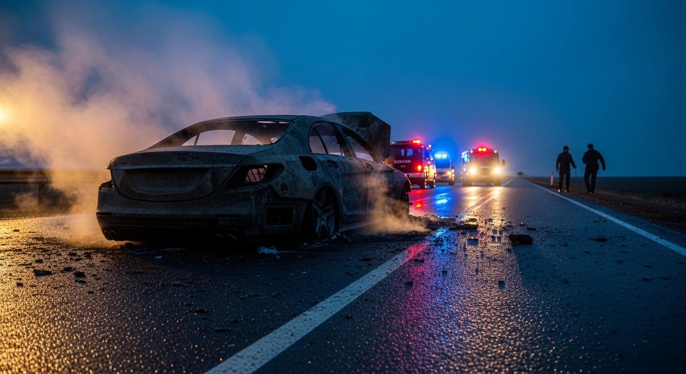 A smoldering car wreckage sits on a dark road following a targeted explosion involving Russian drone executive Yury Oleynikov.