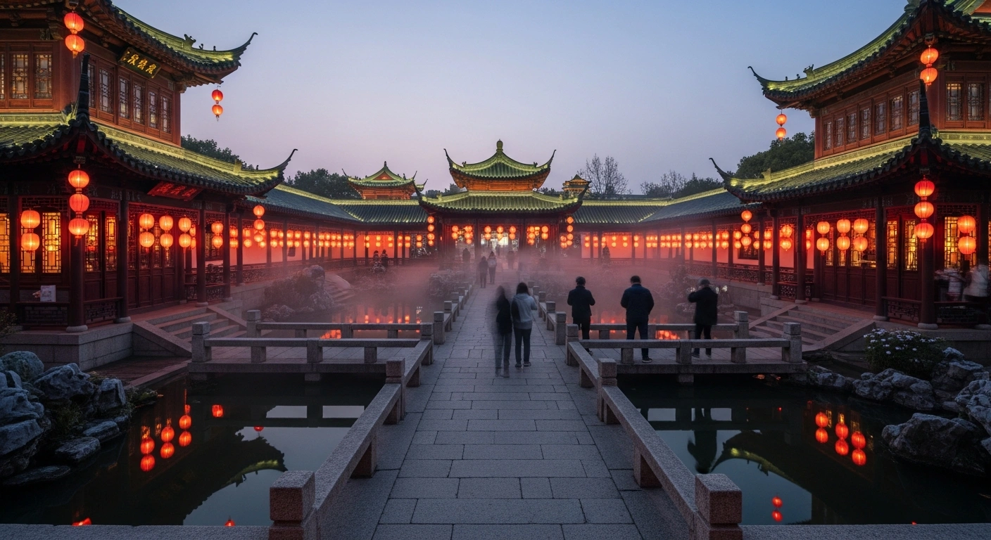 A wide, cinematic view of Shanghai's historic Yuyuan Garden at dusk, showcasing its illuminated pavilions and pathways bathed in the warm glow of traditional red and gold lanterns, with visitors enjoying the vibrant cultural atmosphere of a night tour or lantern festival.