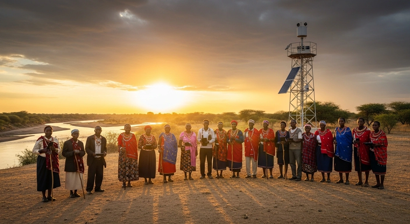 A wide shot at golden hour depicts a diverse Zambian community, including elders in traditional attire and younger people with modern devices, gathered and looking towards a solar-powered early warning system tower, representing the UN-championed 'Early Warning for All Initiative' to protect against escalating climate-related disasters such as floods and droughts by 2027.