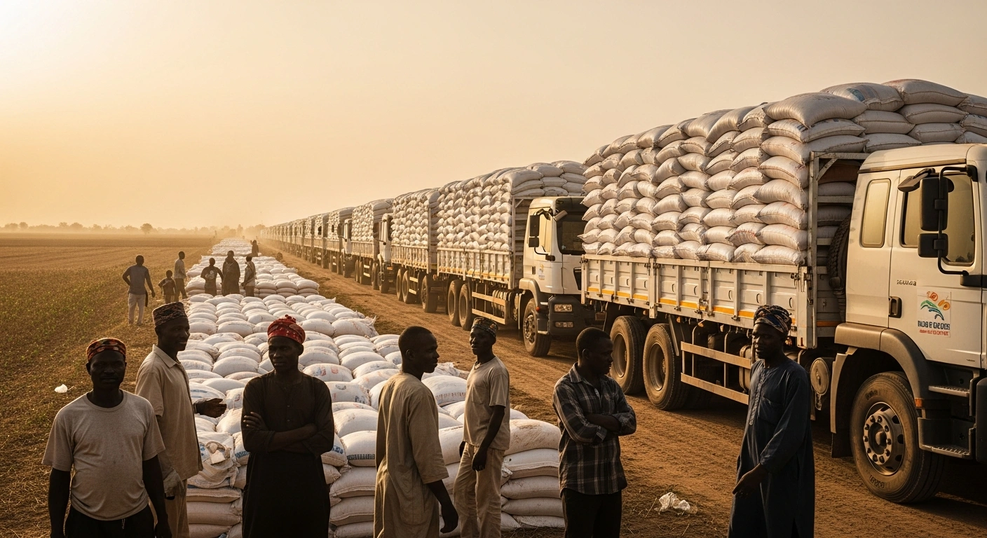 Governor Dauda Lawal launches the 2026 wet-season fertilizer distribution program with a convoy of trucks to support local farmers in Zamfara State, Nigeria.
