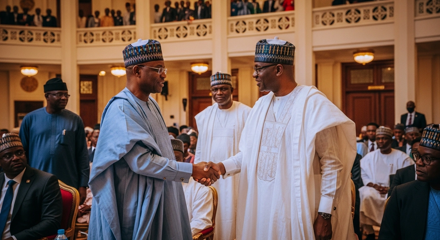 Zamfara State Governor Dauda Lawal shakes hands with Vice President Kashim Shettima during a formal ceremony marking his defection to the All Progressives Congress.