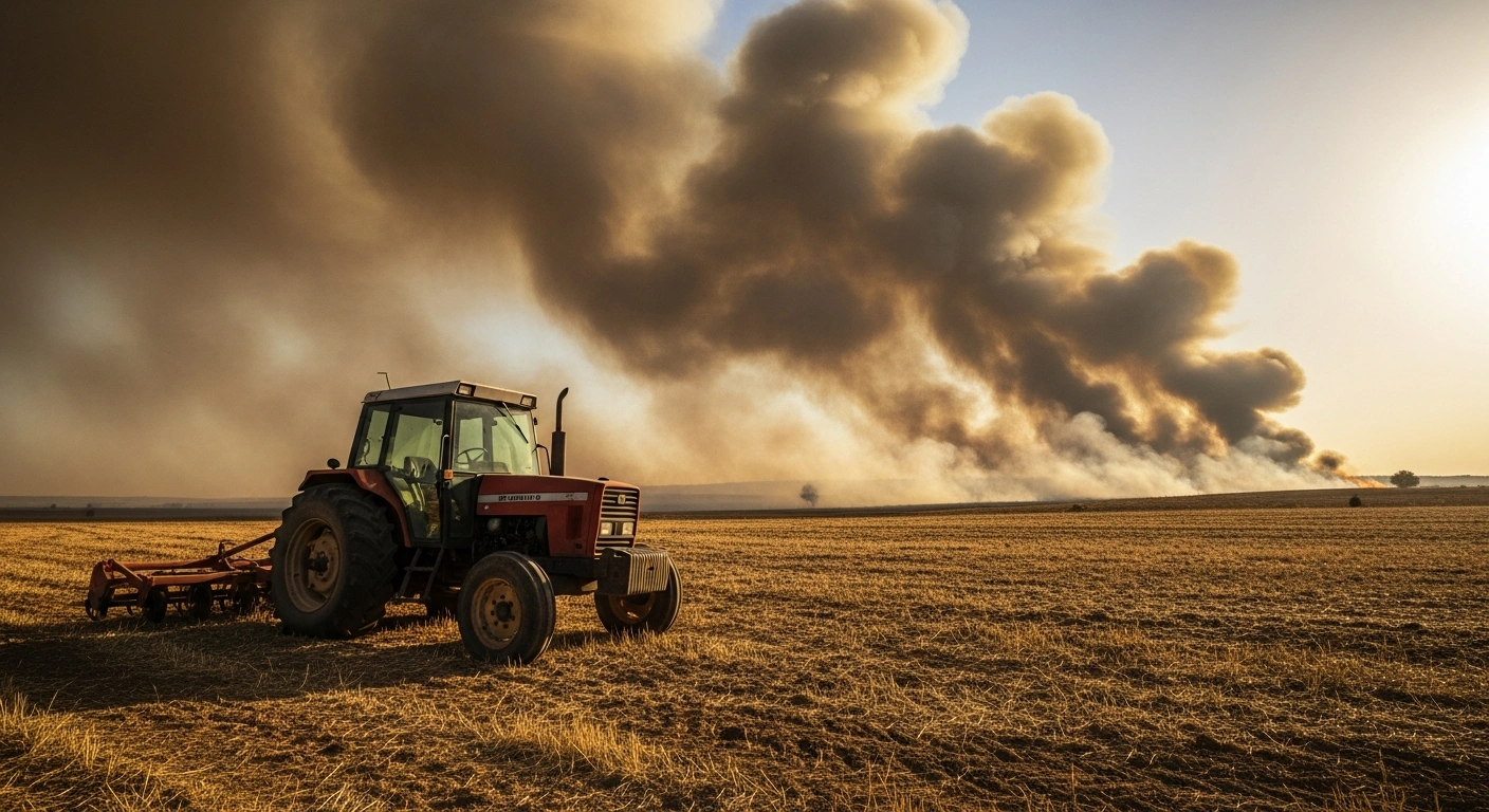 A tractor sits in a dry field in Zamora, Spain, as a wildfire burns in the background after the driver ignored agricultural machinery restrictions.