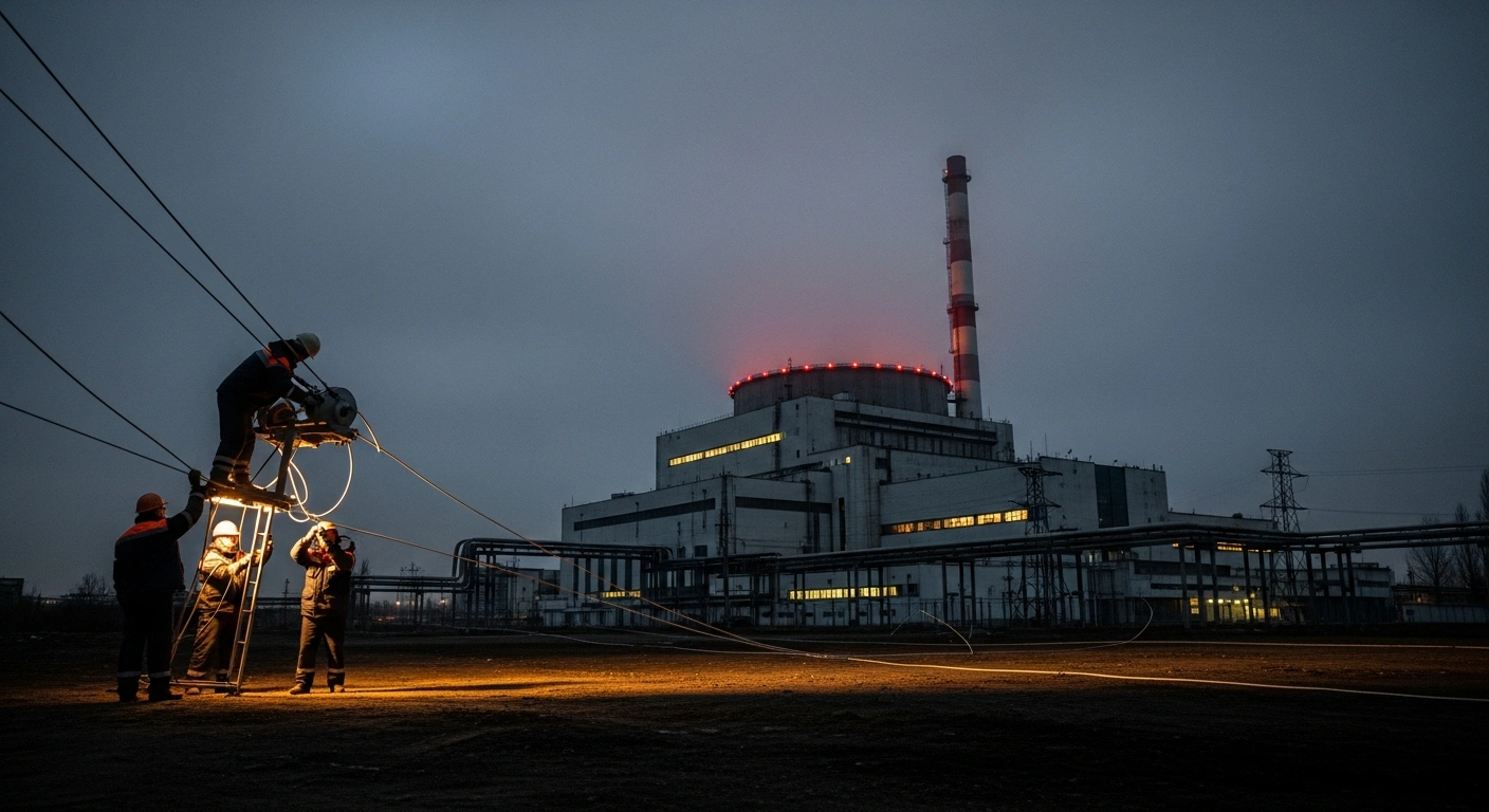 A repair crew works on a damaged power transmission line in the foreground, with the Zaporizhzhia Nuclear Power Plant visible in the background under a dawn sky, illustrating the temporary ceasefire agreed by Ukraine and Russia, mediated by the IAEA, for urgent repairs to bolster nuclear safety.