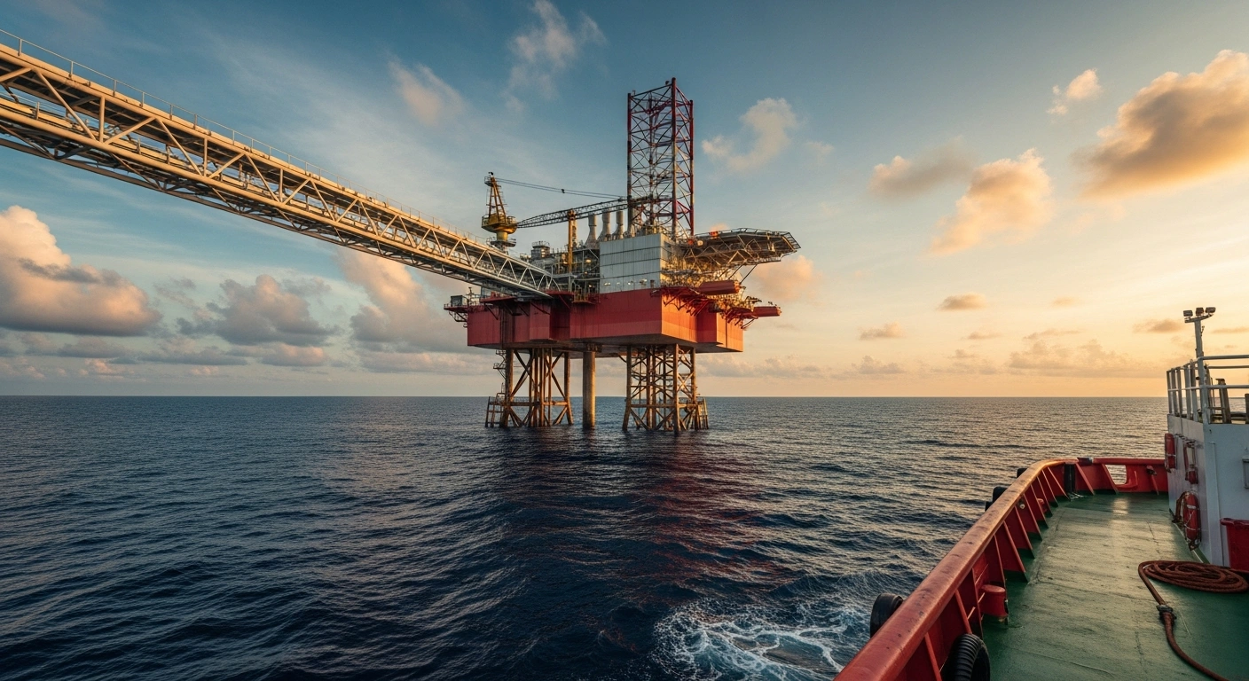 An offshore oil platform stands in the Natuna Sea as Zarubezhneft resumes development of the Tuna Block project in Indonesia.