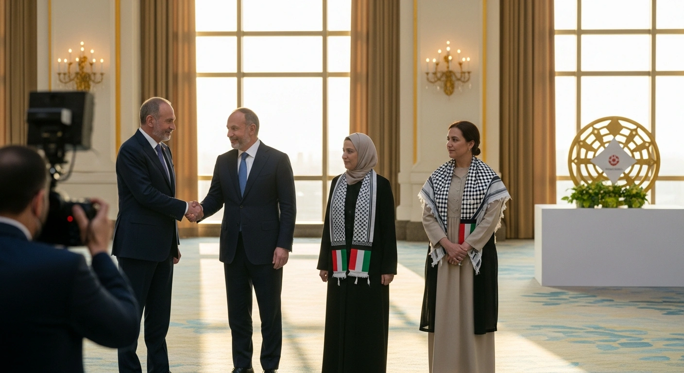A photorealistic image set in a grand, sunlit hall in Abu Dhabi, depicting a diverse group of symbolic figures, including two leaders shaking hands, a woman standing prominently, and an emblem of humanitarian aid, representing the recipients of the 2026 Zayed Award for Human Fraternity for their contributions to peace, coexistence, and human dignity, such as the Armenia-Azerbaijan peace agreement, Zarqa Yaftali, and Taawon.