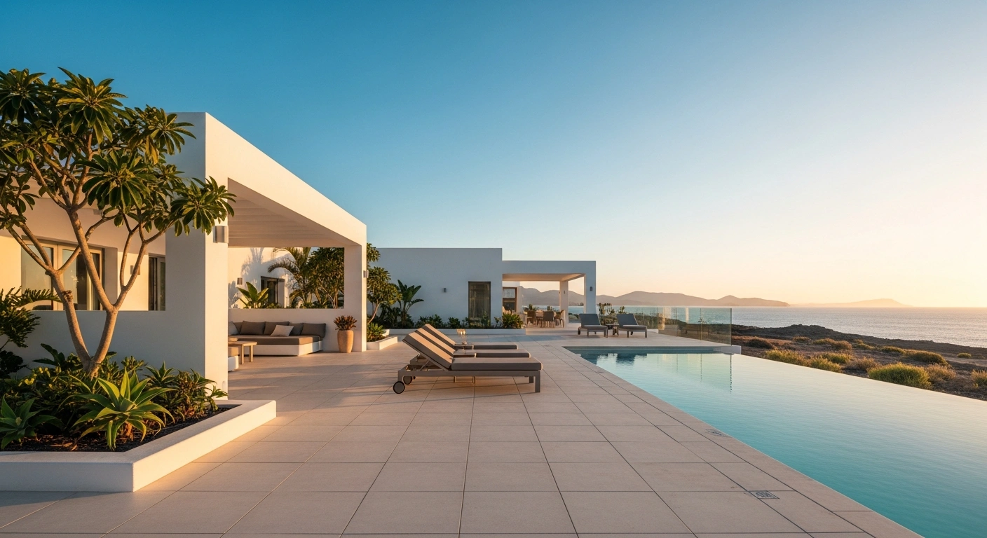 The exterior terrace of the newly opened ZEL Fuerteventura hotel showcases modern Mediterranean architecture and an infinity pool overlooking the ocean.