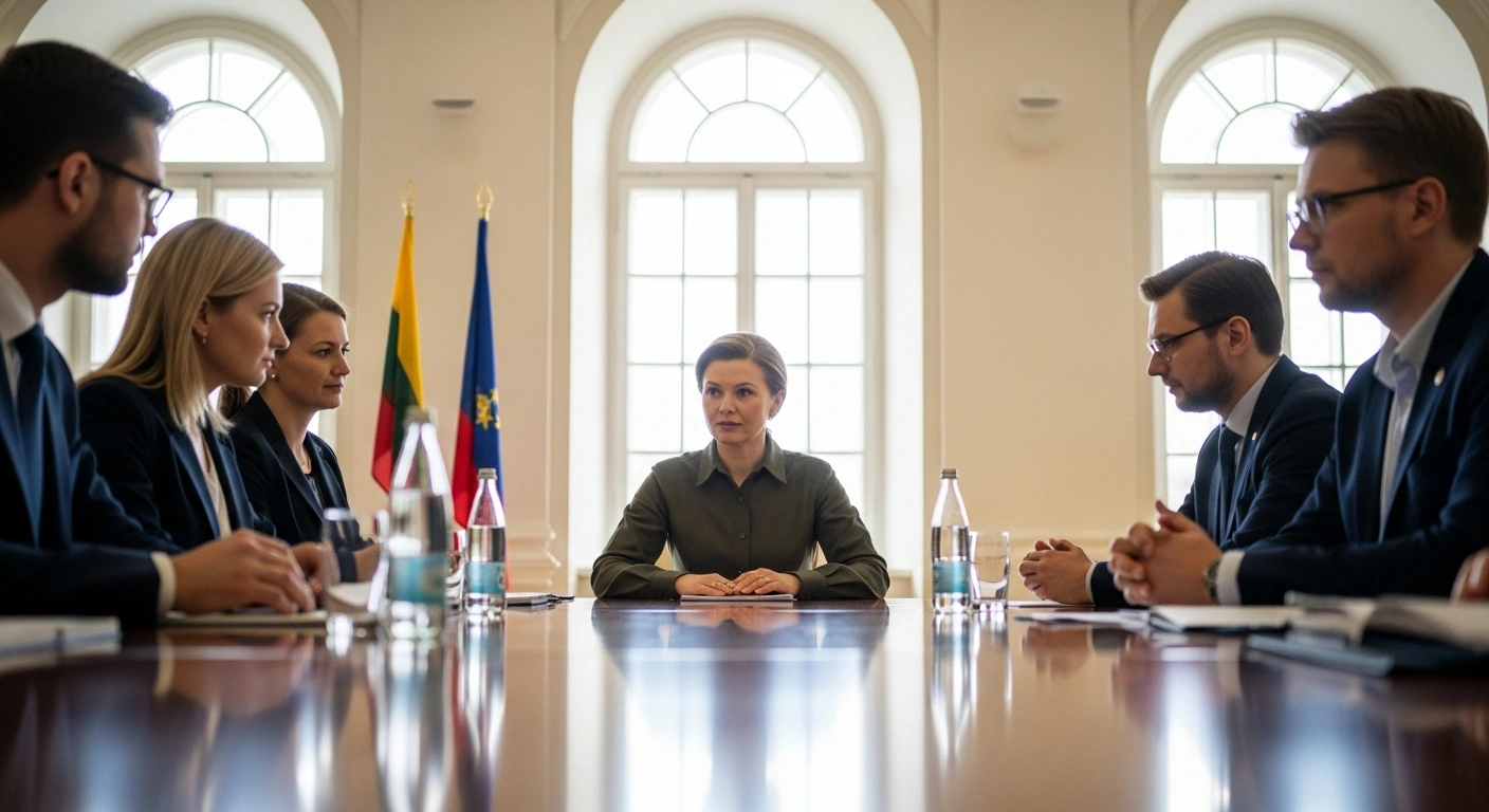 Ukraine's First Lady Olena Zelenska is depicted engaging in a focused discussion with Lithuanian university representatives around a conference table in Vilnius, Lithuania, symbolizing their collaboration in the Global Coalition of Ukrainian Studies to strengthen Ukraine's academic presence and counter Russian narratives.