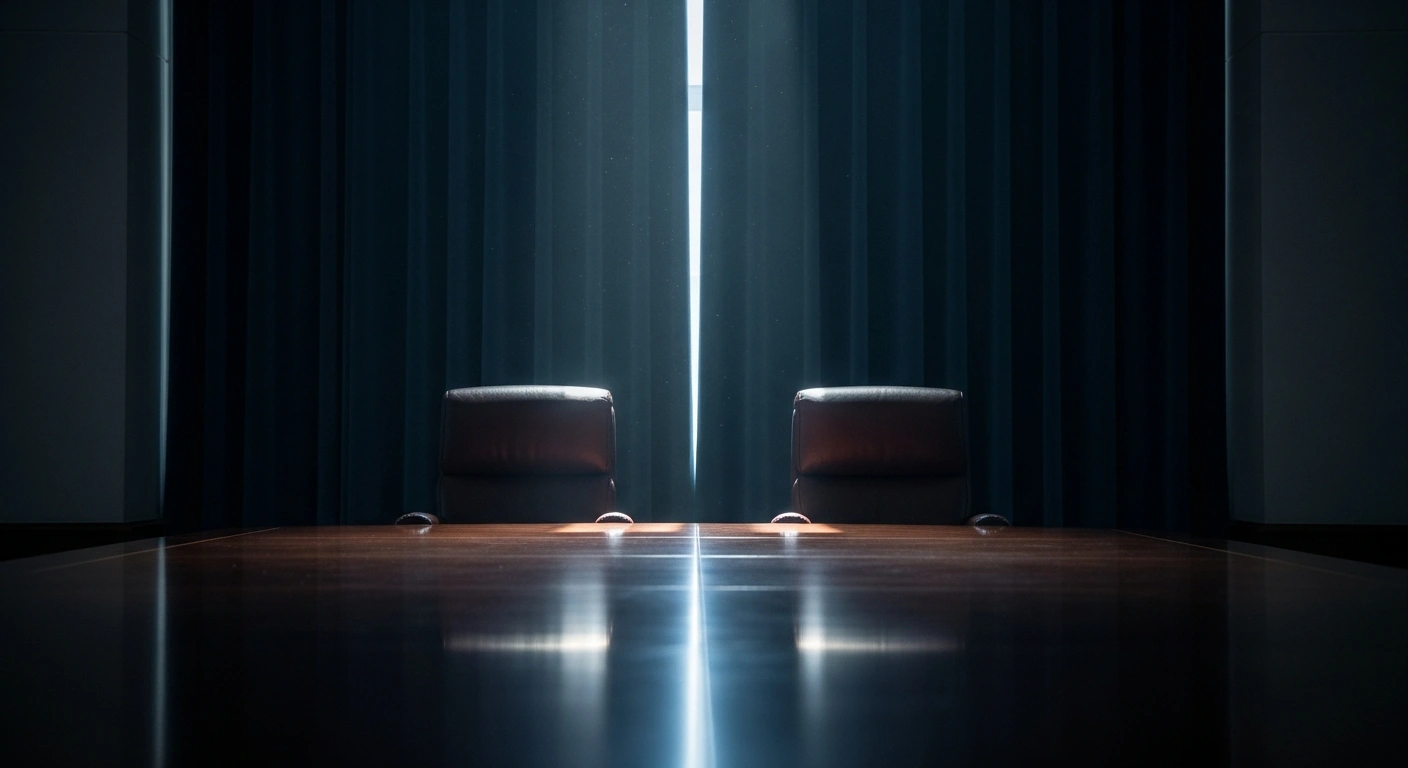 Two empty chairs face each other across a long table, representing the potential for ceasefire negotiations between Ukrainian President Volodymyr Zelensky and Russian President Vladimir Putin.