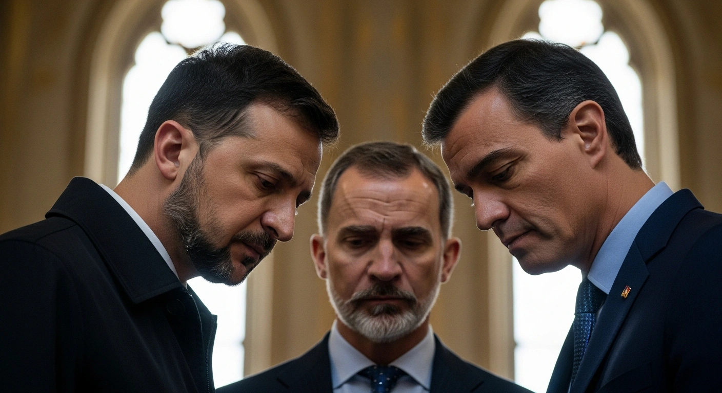 Ukrainian President Volodymyr Zelensky, King Felipe VI of Spain, and Prime Minister Pedro Sánchez are depicted in a formal setting, symbolizing their meeting to discuss military aid and strengthened bilateral defense cooperation.
