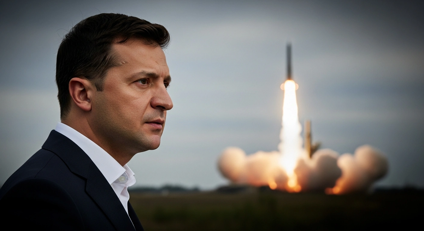 A determined Ukrainian President Volodymyr Zelensky is depicted in a low-angle, medium close-up, illuminated by harsh light, with the faint, ominous silhouette of a missile launch plume in the dark background, symbolizing his stern warning to Belarusian President Alexander Lukashenko regarding Belarus's complicity in the 2022 invasion.