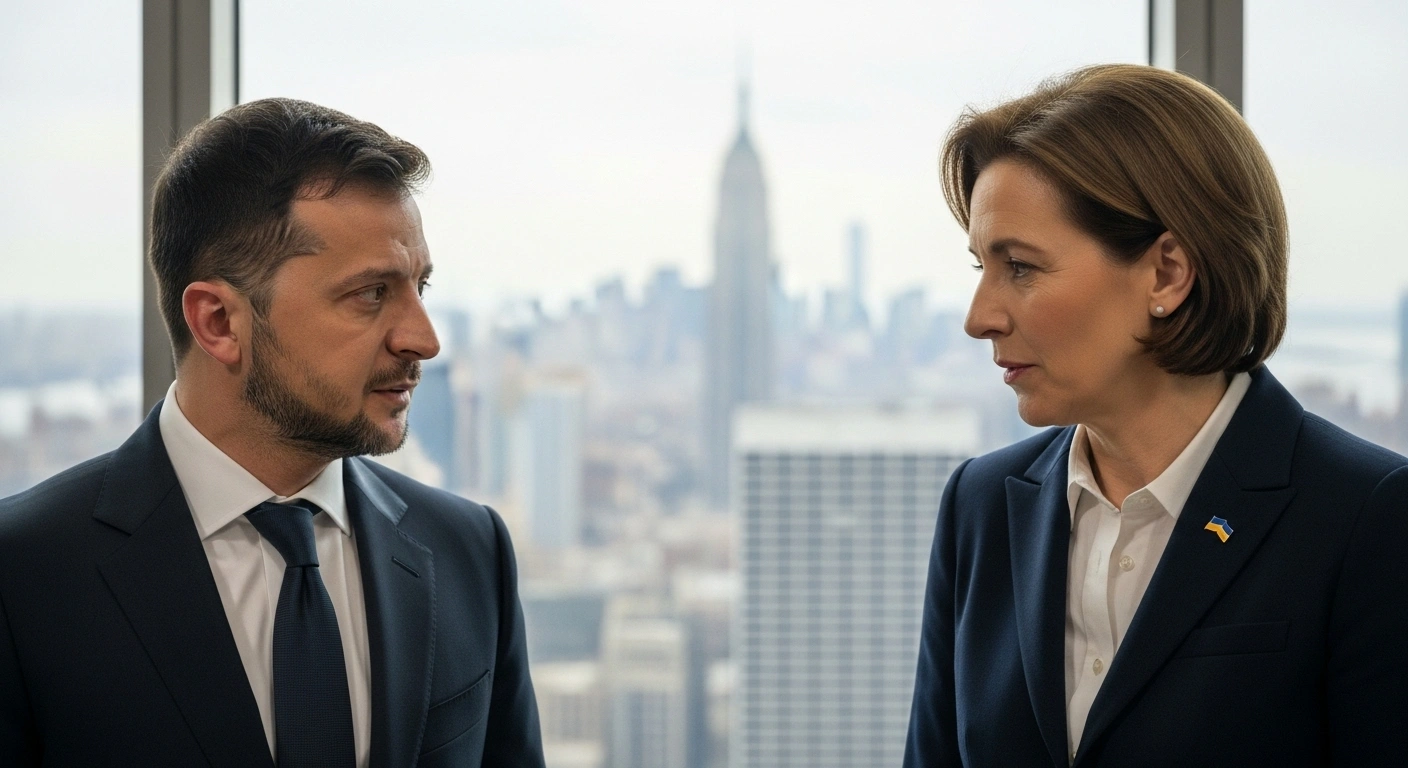 Ukrainian President Volodymyr Zelenskyy and Swiss President Karin Keller-Sutter are engaged in a serious discussion during the UN General Assembly in New York, focusing on peace efforts and Switzerland's potential role as a mediator.