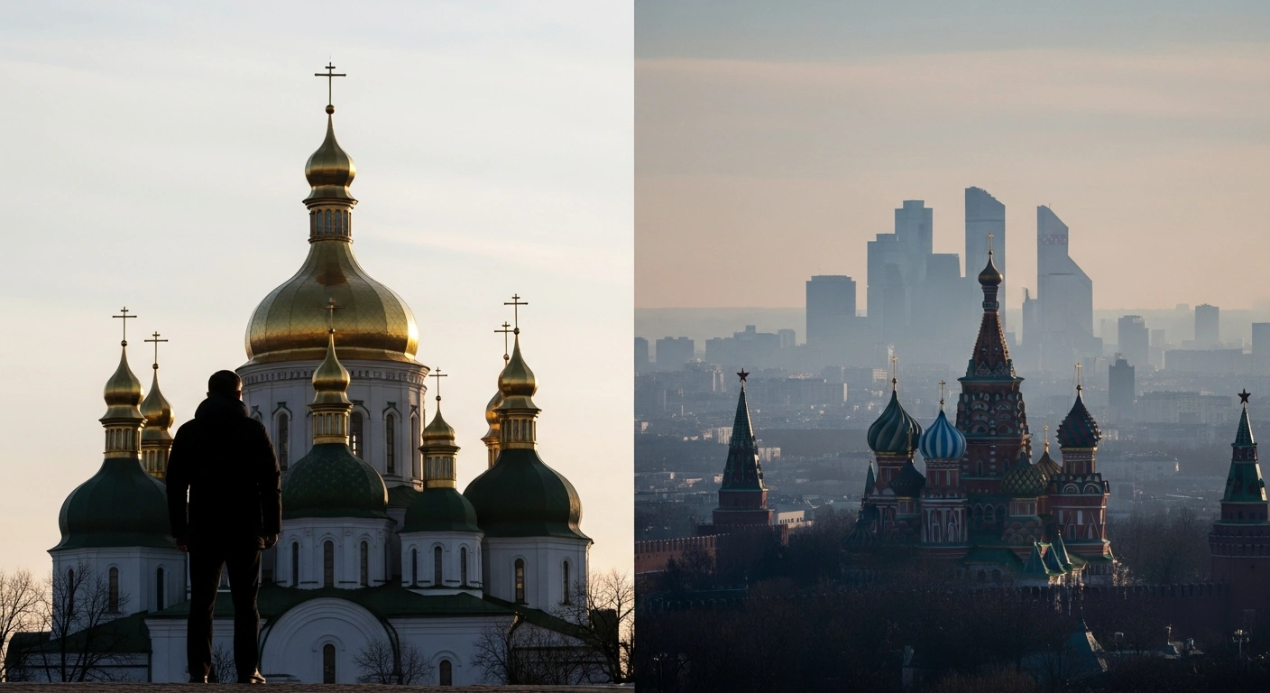 A statesman, symbolizing Ukrainian President Volodymyr Zelenskyy, stands defiantly silhouetted against the golden domes of Kyiv at dawn, while a distant, dimly lit cityscape representing Moscow recedes into the background, illustrating his rejection of peace talks in Moscow and counter-invitation to Kyiv.