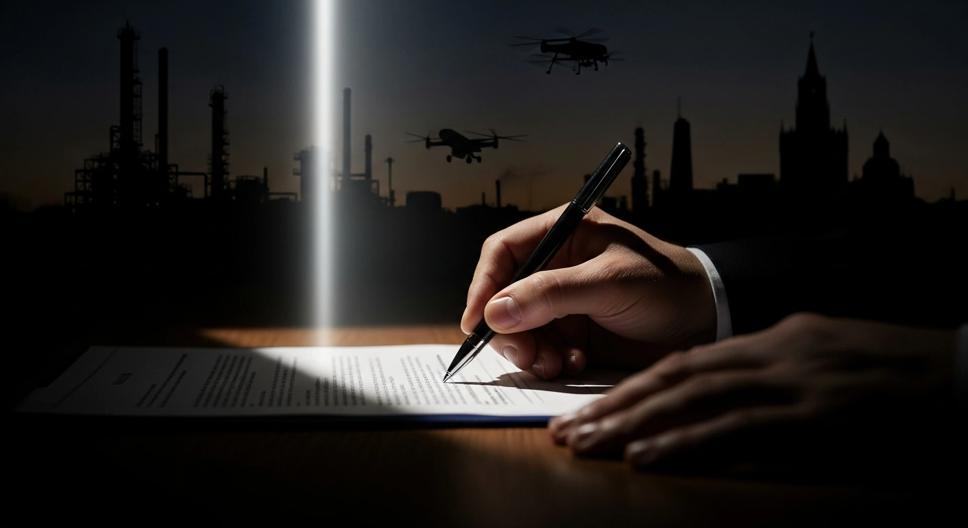 A close-up, low-angle shot shows Ukrainian President Volodymyr Zelenskyy's hand signing a decree, with a dramatically lit background subtly depicting an oil refinery, a military drone, and a Kremlin-like silhouette, symbolizing new sanctions targeting Russia's oil sector, drone manufacturers, and individuals linked to the Putin regime.