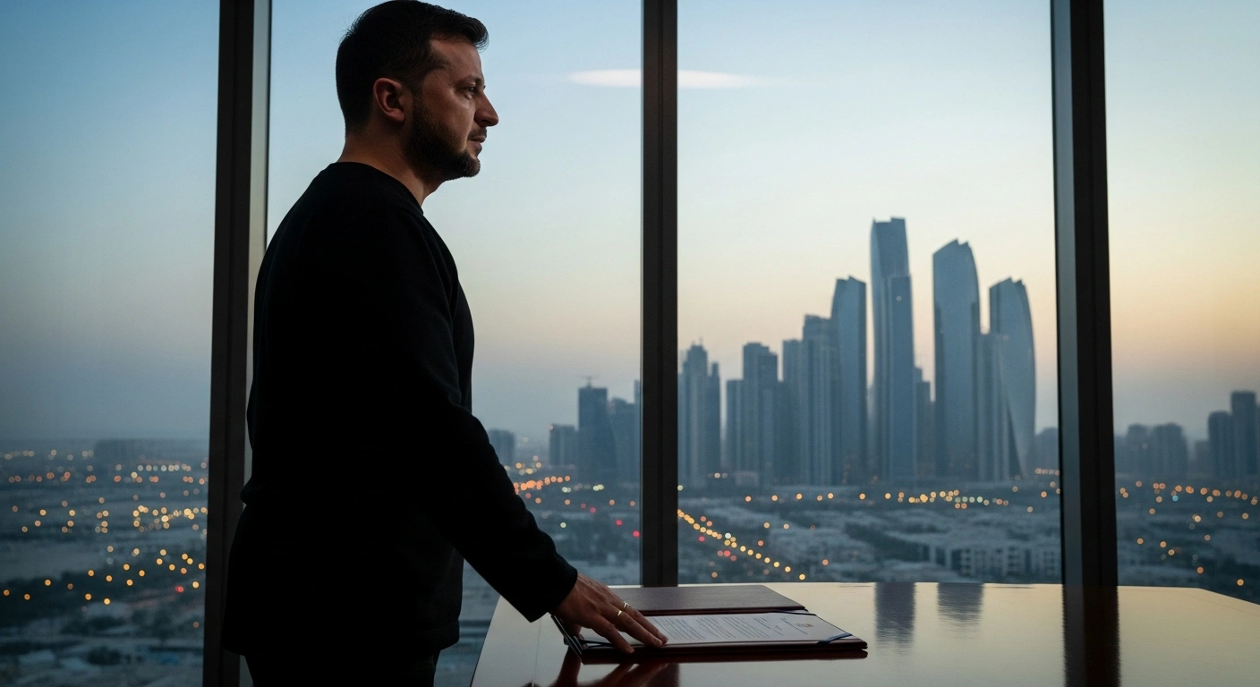 Ukrainian President Volodymyr Zelenskyy stands in a modern room overlooking the Abu Dhabi skyline at dusk, his hand resting on a document, symbolizing the U.S. security guarantees for Ukraine that are ready for signing, codifying long-term U.S. support.