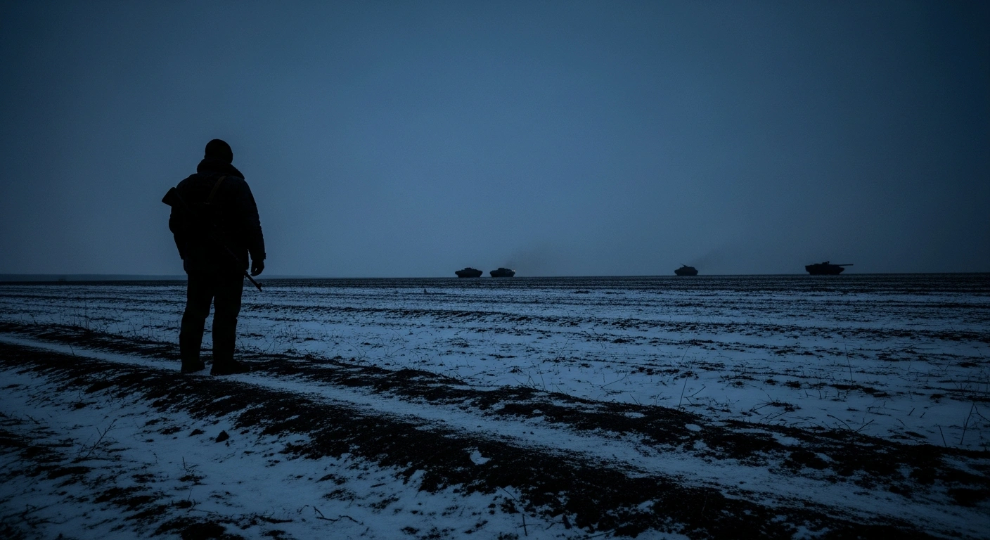 A wide, low-angle shot of a desolate, snow-dusted borderland at twilight, showing a silhouetted figure looking towards faint, distant outlines of heavy military vehicles on the horizon, symbolizing the risks of Russia-Belarus military drills for Ukraine and Belarus.