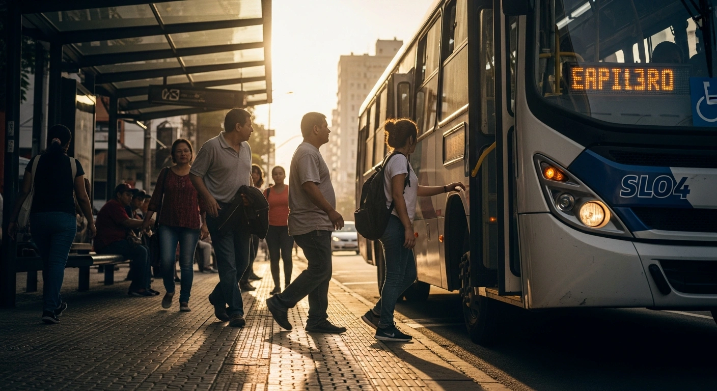 Commuters board a public bus in a Brazilian city as part of a study on how zero-fare public transport can reduce social inequality.