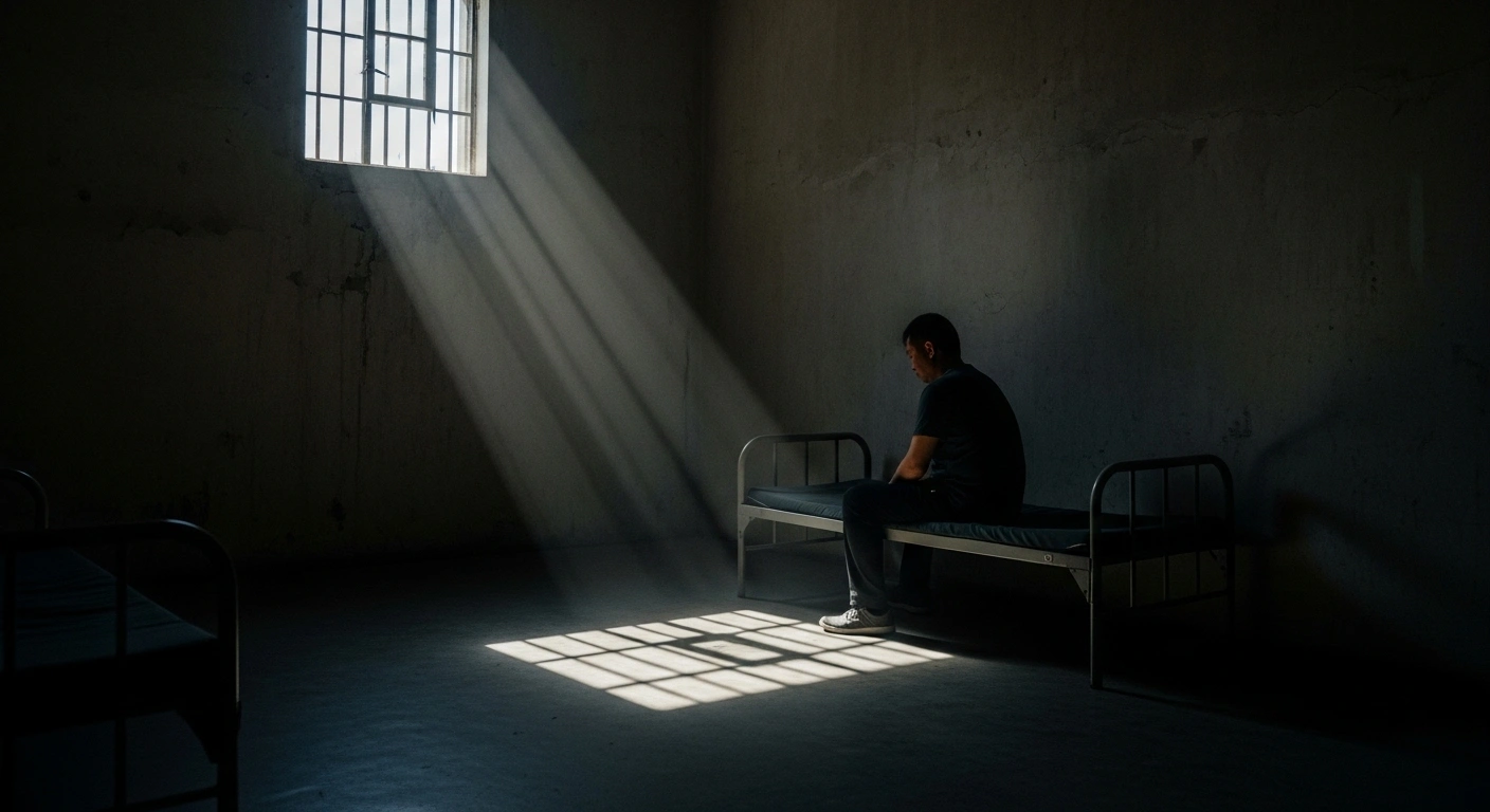 A solitary figure, representing Chinese citizen journalist Zhang Zhan, sits in a stark, dimly lit prison cell, symbolizing her additional four-year sentence in China and the international condemnation regarding press freedom.
