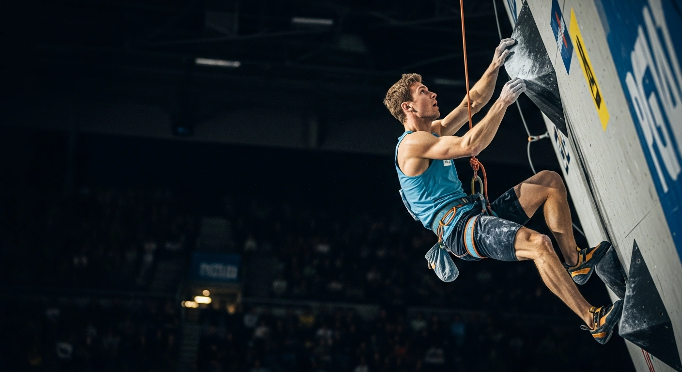 Chinese athlete Zhao Yicheng climbs a vertical wall at high speed during the IFSC Climbing World Cup in Wujiang.
