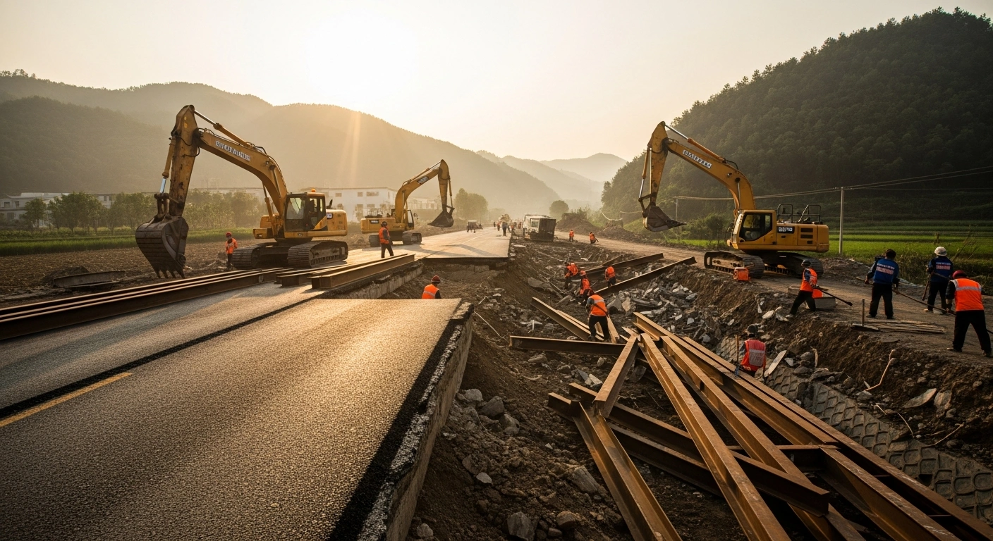Construction workers and heavy machinery repair damaged infrastructure in Zhejiang province following a recent typhoon.