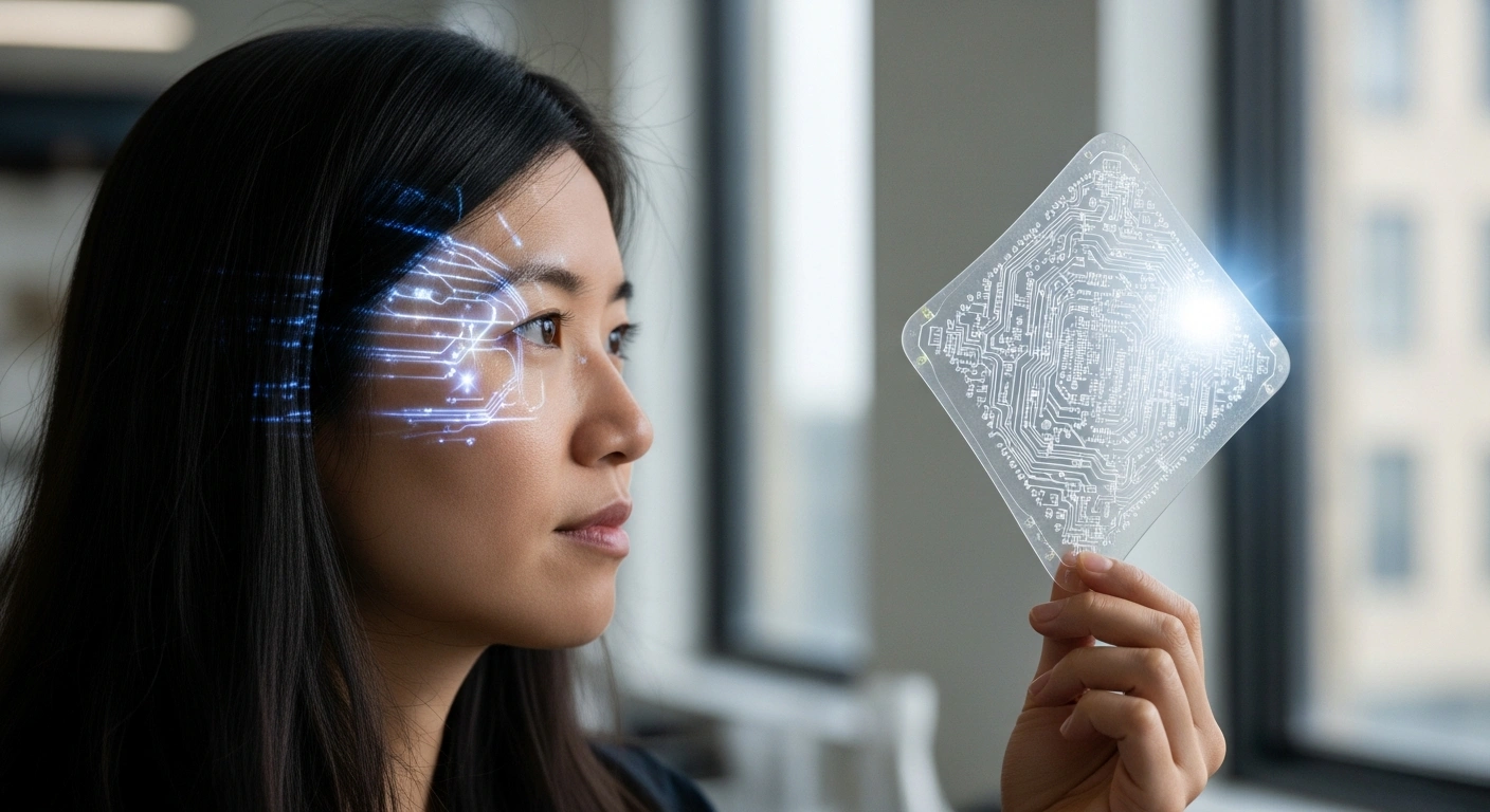 Dr. Zheng Yu, a distinguished chemical engineering 'rising star' from MIT, is depicted intently examining advanced wearable and implantable bioelectronic devices in a sophisticated laboratory setting at Peking University.