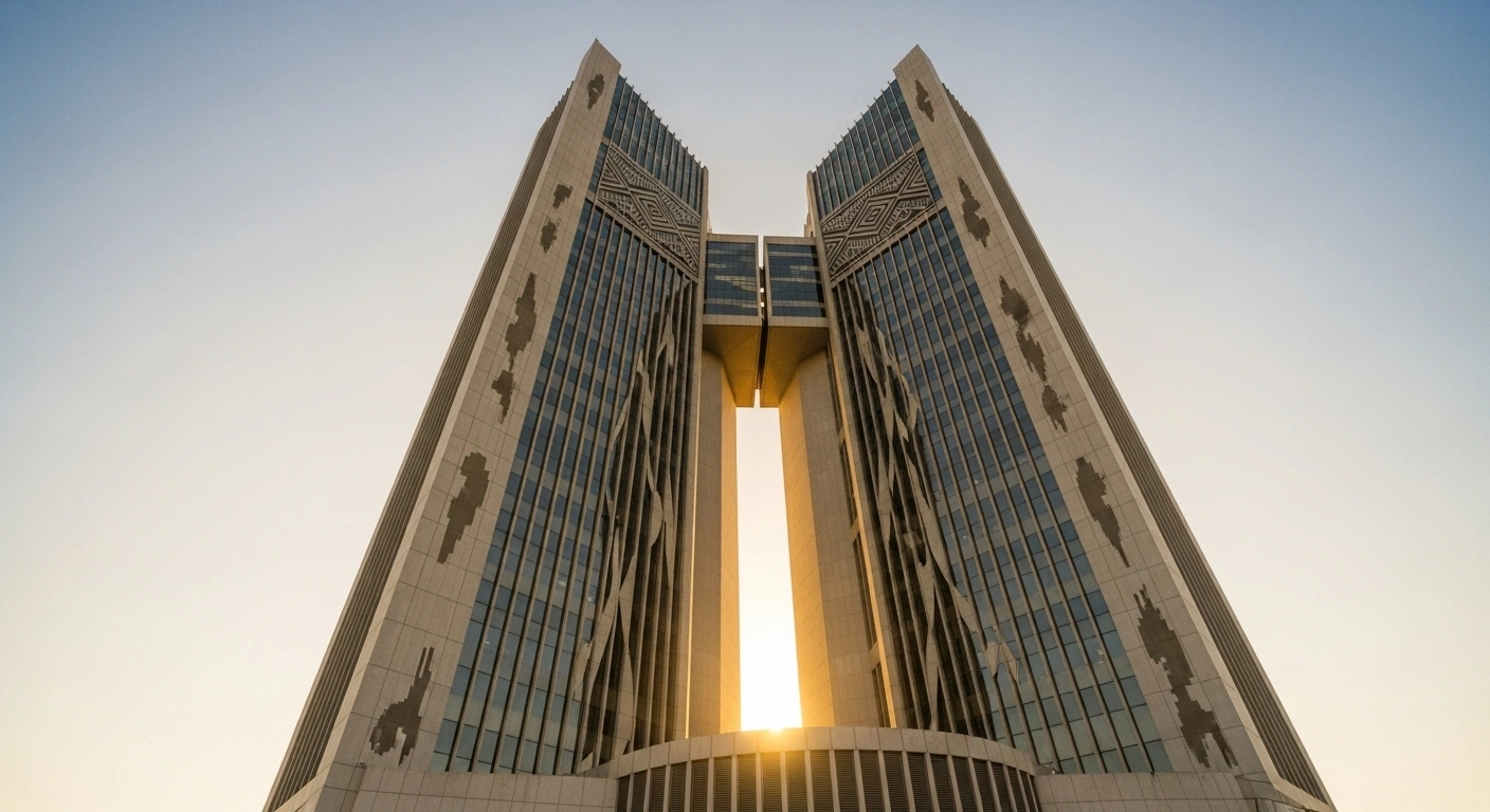 A majestic, modern building with African-inspired architectural patterns stands under a golden sunrise, symbolizing Zimbabwe hosting the permanent headquarters of the Intra-African Trade Fair Company (IATFCO) in Harare, aiming to boost African Continental Free Trade Area goals and continental economic integration.