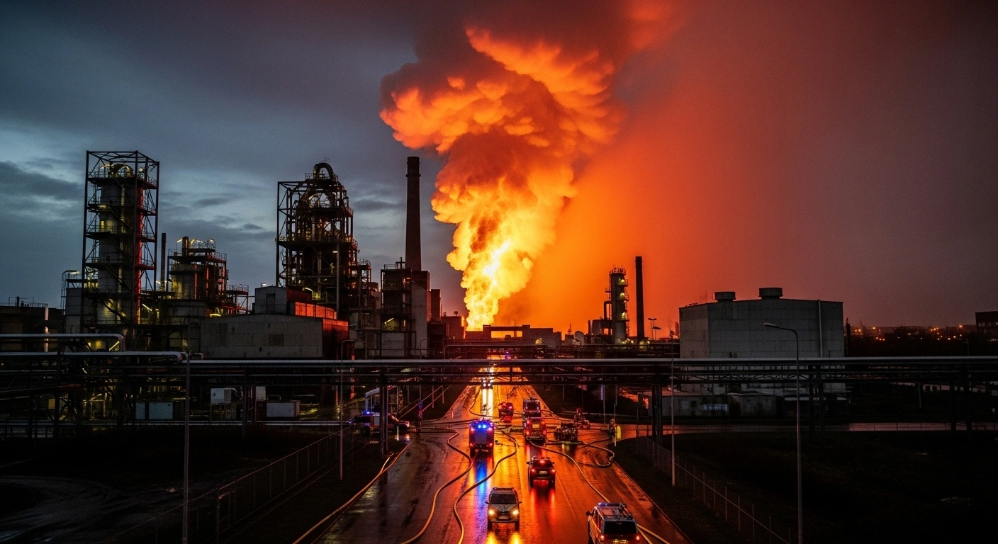 An industrial zinc plant in Mainaschaff, Bavaria, at dusk, with a large, vivid orange gas cloud containing nitric acid billowing from its structure, surrounded by numerous emergency vehicles with flashing lights responding to a chemical reaction accident.