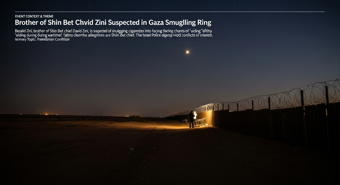 A silhouetted figure stands near a border fence in a desolate, moonlit desert landscape, subtly holding an illicit item, symbolizing the allegations of Bezalel Zini smuggling cigarettes into Gaza during wartime.