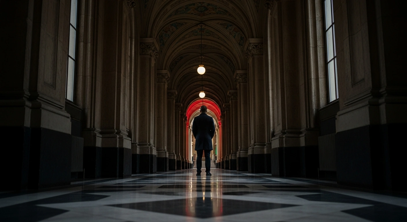 A solitary figure, representing former Polish Justice Minister Zbigniew Ziobro, stands in a dimly lit, ornate corridor, with a subtle red, white, and green light in the distance, symbolizing his political asylum in Hungary amidst criminal charges and claims of political persecution.