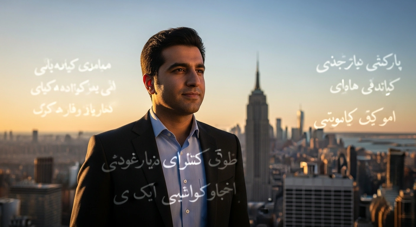 A charismatic Zohran Mamdani, New York City's first Muslim mayor, stands confidently against a blurred New York City skyline at dusk, with subtle, flickering Farsi script and news headlines in the background representing the varied debate in Iran following his historic election victory.