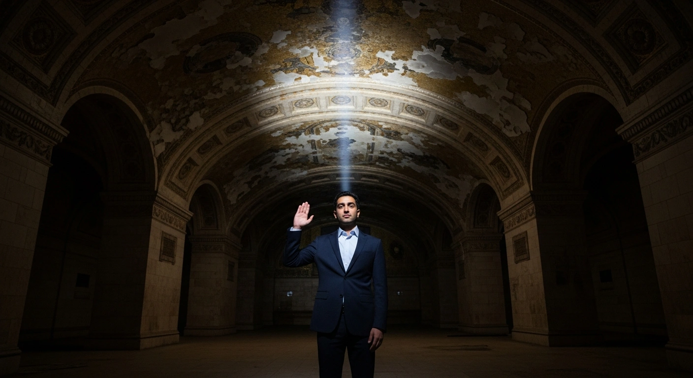 Zohran Mamdani, the 112th Mayor of New York City, takes his oath of office in a private ceremony at the abandoned Old City Hall subway station on January 1, 2026.