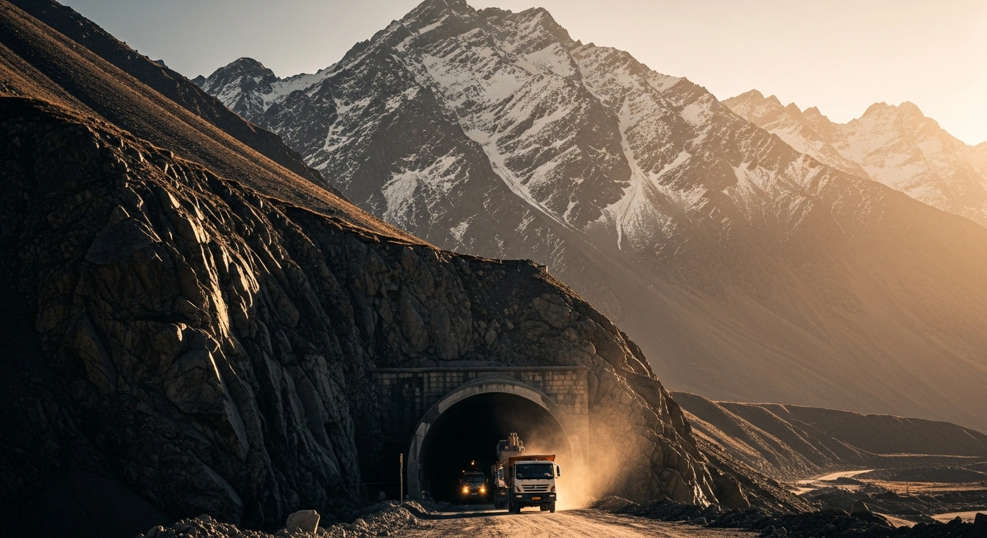A wide view of the Zoji-La tunnel entrance in the Himalayas showing heavy machinery emerging from the breakthrough point to provide year-round connectivity between Kashmir and Ladakh.