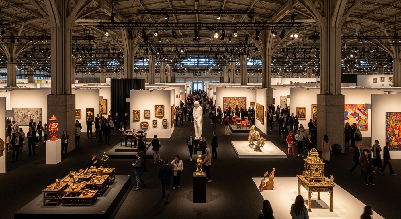 A wide, elevated view of a bustling art fair exhibition hall at Centro Citibanamex in Mexico City, showcasing diverse contemporary art, design, antiques, and photography from numerous international galleries, representing the scale of Zona Maco.