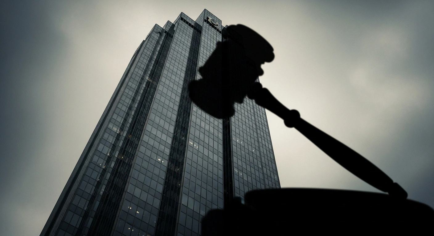 A towering corporate skyscraper, symbolizing Chinese telecom giant ZTE Corp., is dramatically overshadowed by a giant judge's gavel, representing the U.S. Department of Justice investigation into alleged foreign bribery and potential billion-dollar penalties under the Foreign Corrupt Practices Act, following previous sanctions related to South America.