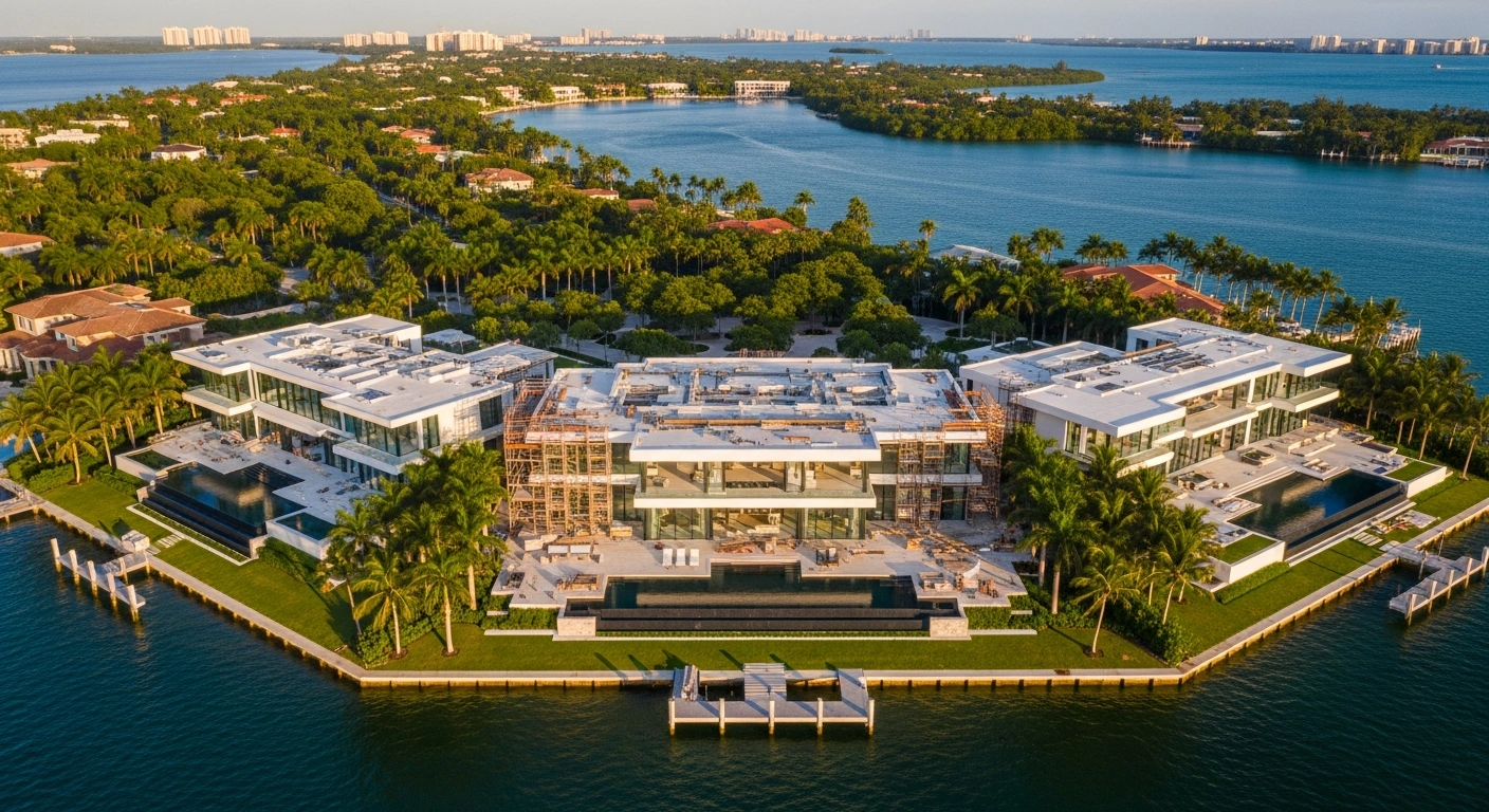 An aerial view shows the luxury waterfront estate on Indian Creek island purchased by Mark Zuckerberg and Priscilla Chan.