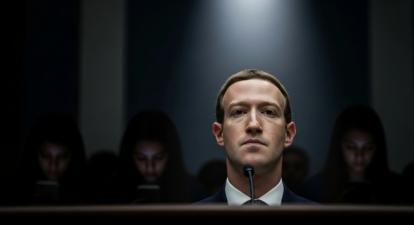 A man on a witness stand under a harsh spotlight, representing Meta CEO Mark Zuckerberg, with blurred silhouettes of young people in the background illuminated by screen glow, symbolizing the trial claims that social media platforms addict and harm children, exacerbating depression and suicidal thoughts.