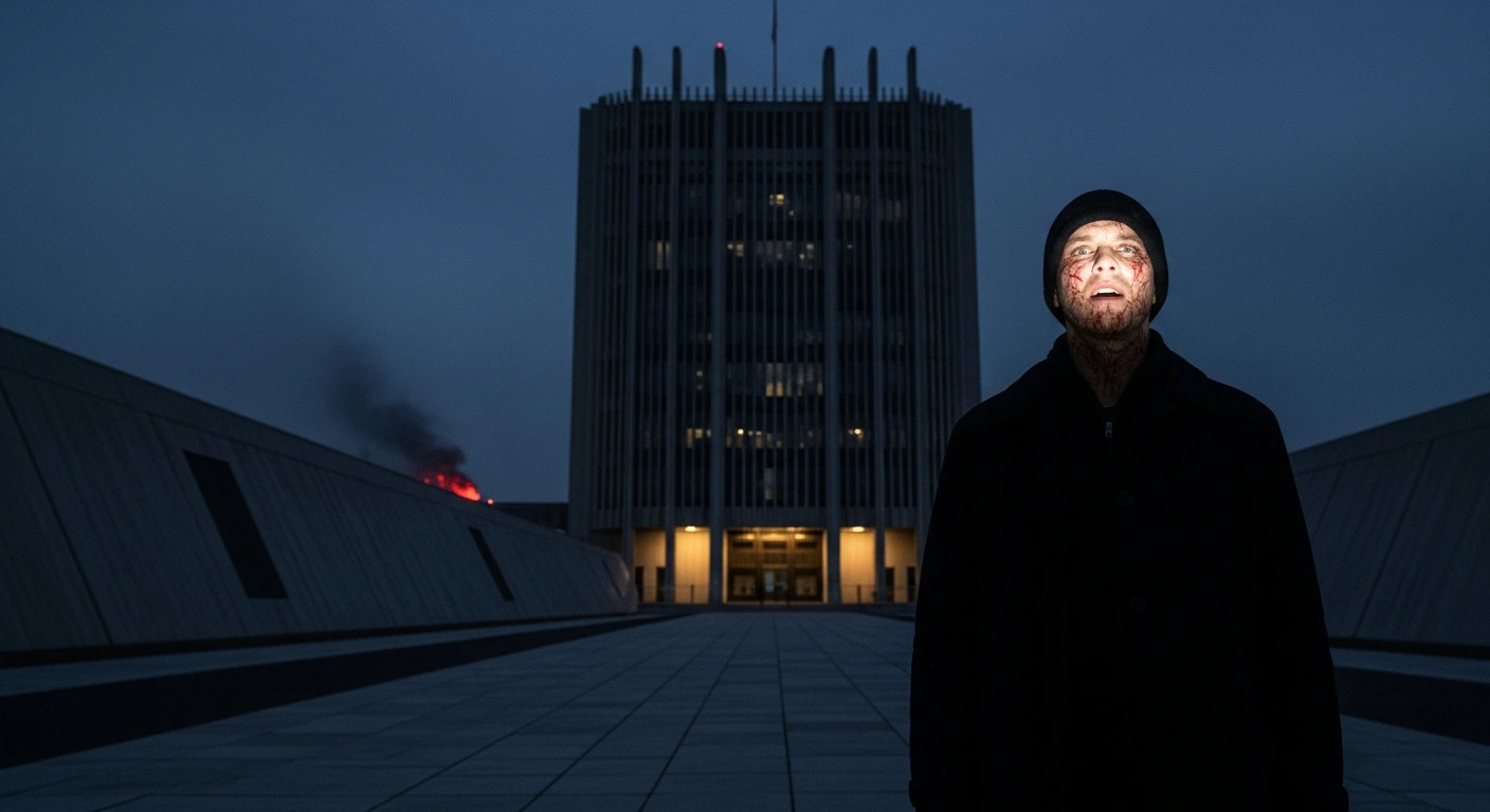 A solitary figure, representing Duduzile Zuma-Sambudla, stands before a dimly lit parliamentary building, symbolizing her resignation as an MK Party MP amidst allegations of recruiting South African men to fight for Russia in Ukraine, which she denies.