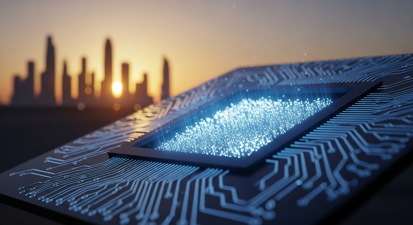 An extreme close-up of a microchip with intricate, glowing blue pathways, representing the advanced Micro LED process verification chip developed by ZW-Sail, set against a softly blurred backdrop of futuristic skyscrapers in Dubai during sunset, ahead of its international unveiling.