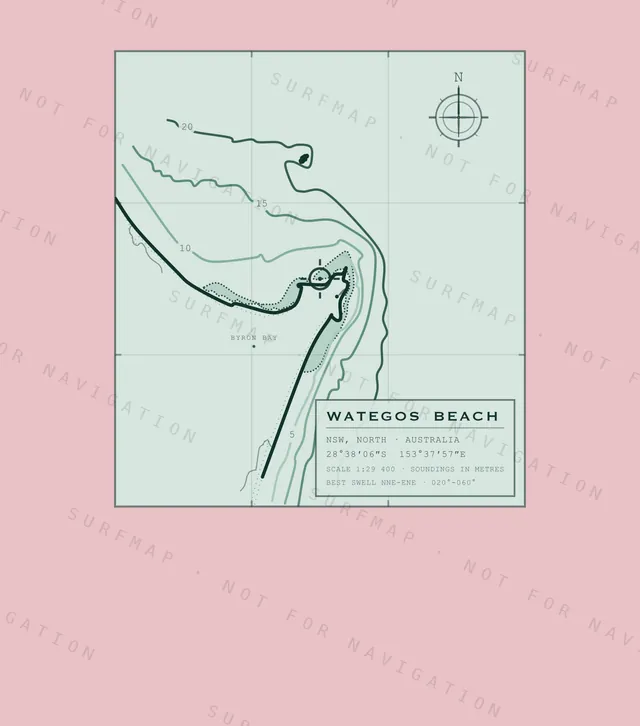 Wategos Beach chart, the full artwork printed on the back