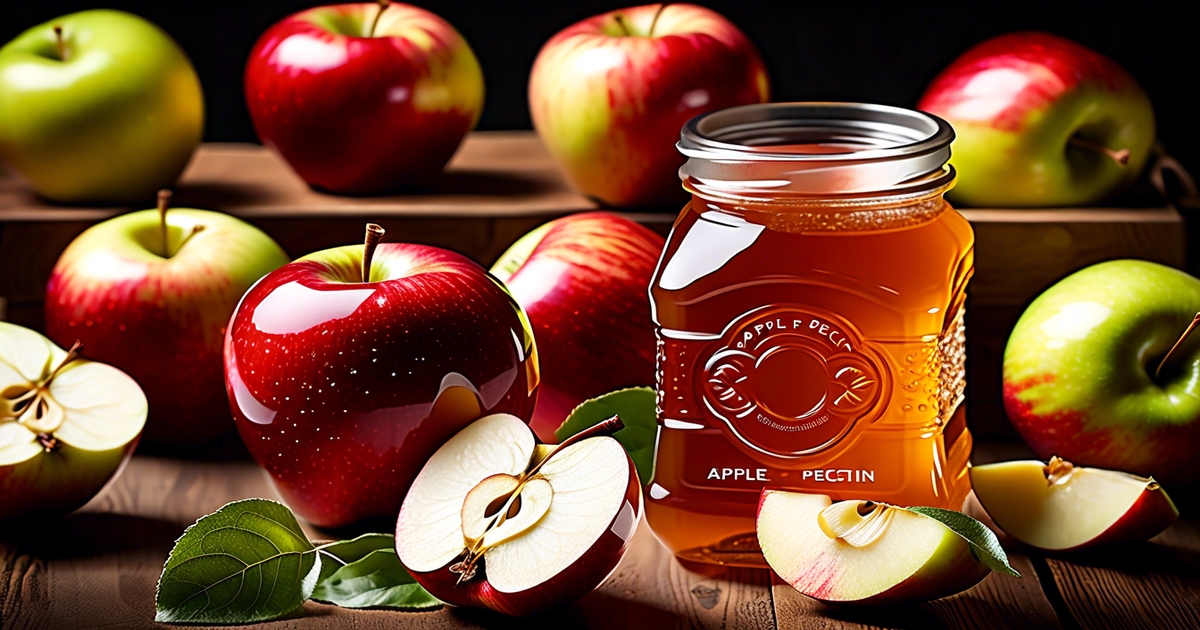 benefits of apple pectin - photo of whole and sliced apples with a honey jar labeled as apple pectin